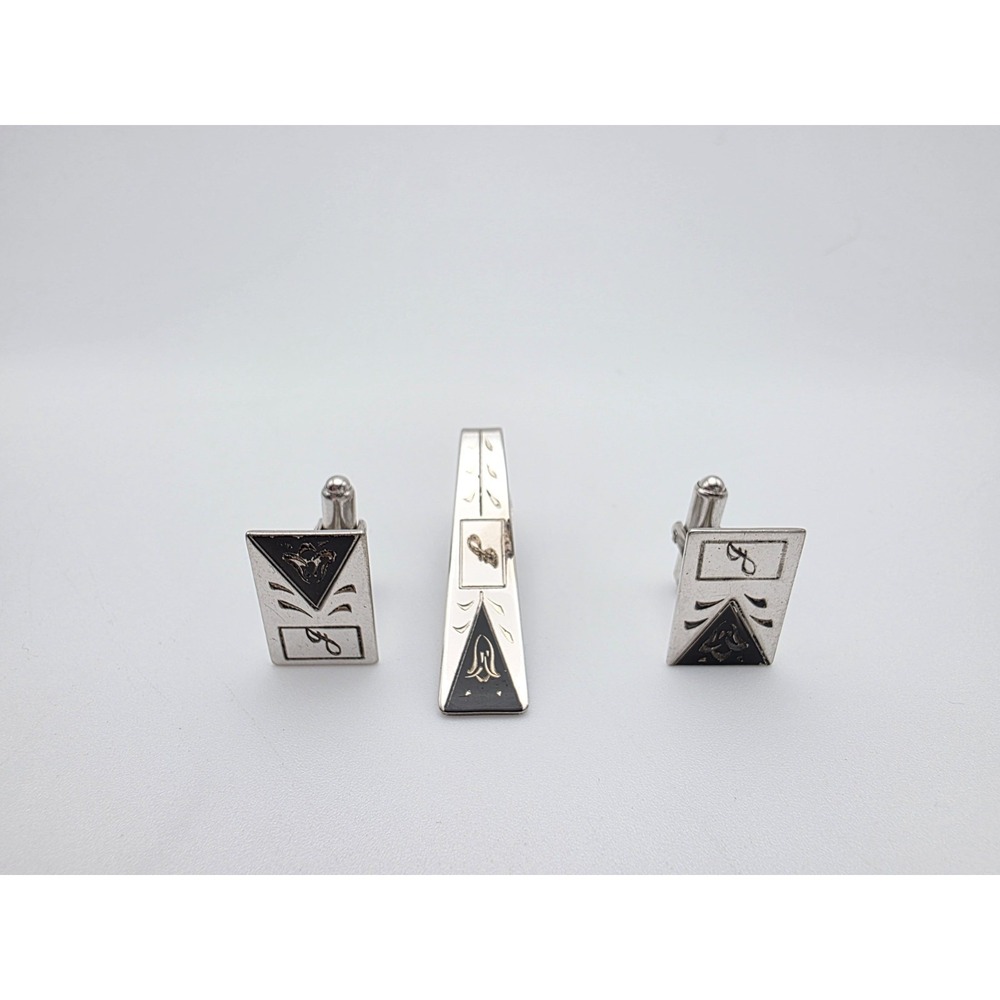 Vintage‎ KREISLER USA Cufflinks Tie Clip/Bar Set 925 Sterling Silver & Black